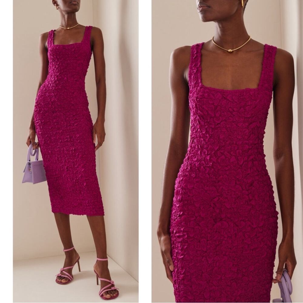 MARA HOFFMAN Sloan Popcorn Smocked Bodycon Berry Pink Midi Dress Size XXS